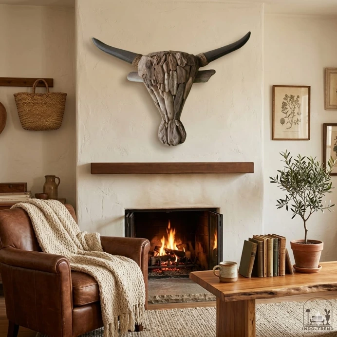 Rustic wall decoration with fireplace